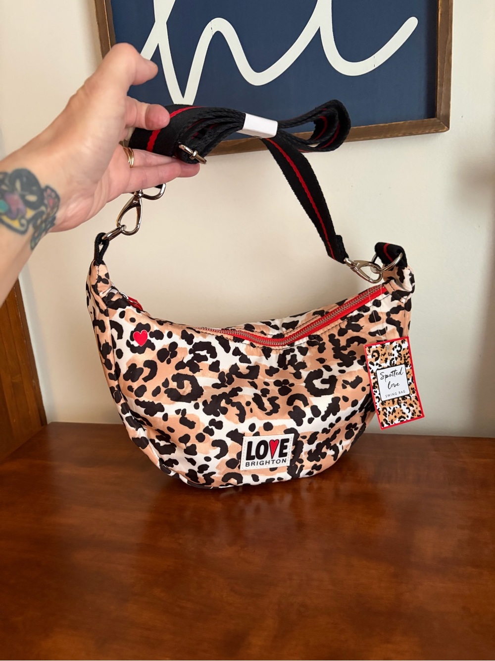 Brighton Leopard-Print Shoulder Bag in Tan, Black & Red NWT